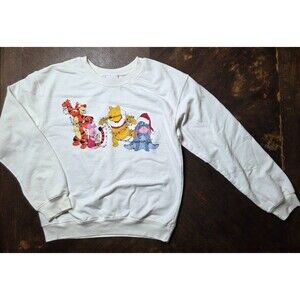 Winnie The Pooh Sweater Unisex Medium White Christmas Graphic Print Disney